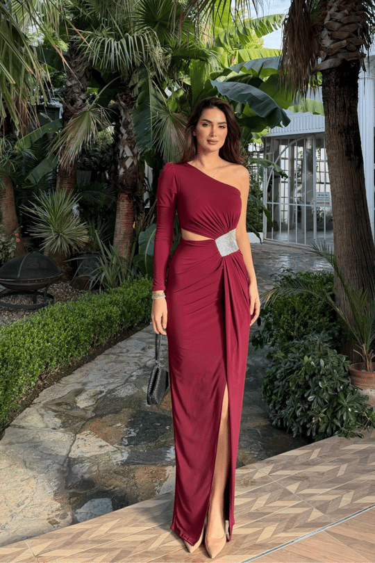 Burçin Tek Kol Bel Dekolteli Abiye 583372 BORDO