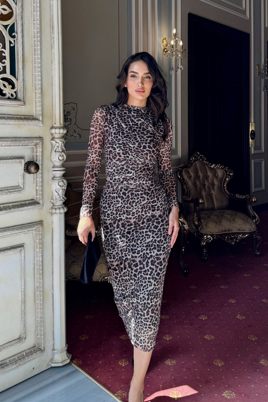 Büzgülü Maxi Tül Elbise 3079 LEOPAR