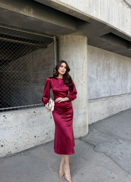 Calia Kemer Detay Saten Elbise 95416 BORDO