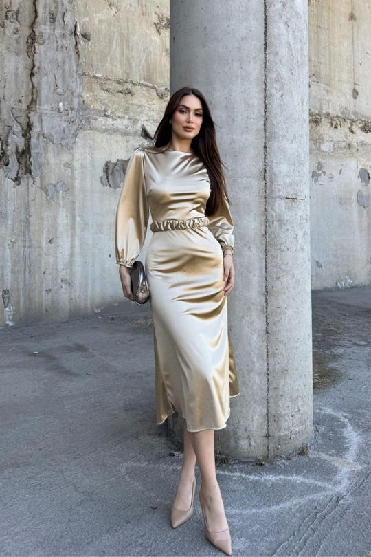 Calia Kemer Detay Saten Elbise 95416 YAĞ YEŞİLİ