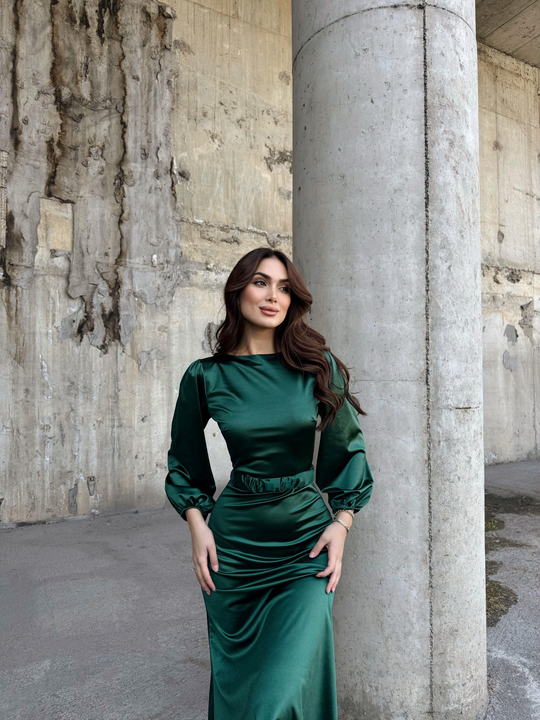 Calia Kemer Detay Saten Elbise 95416 ZÜMRÜT YEŞİLİ