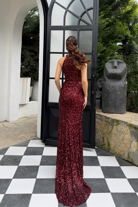 Carolina Dik Yaka Payet Yırtmaç Detay Abiye 1175