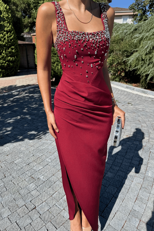 Clark Kare Yaka İşleme Detay Abiye 9367 BORDO