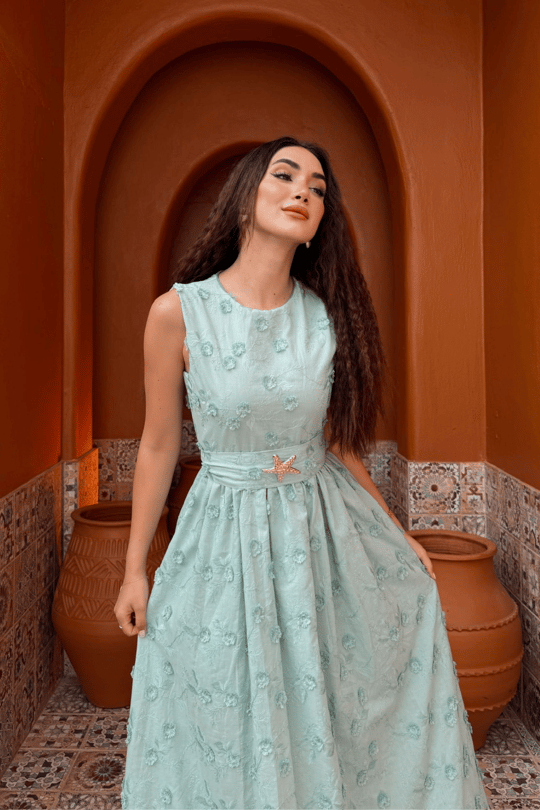 Deniz Poplin Kumaş Kolsuz Midi Elbise 8456