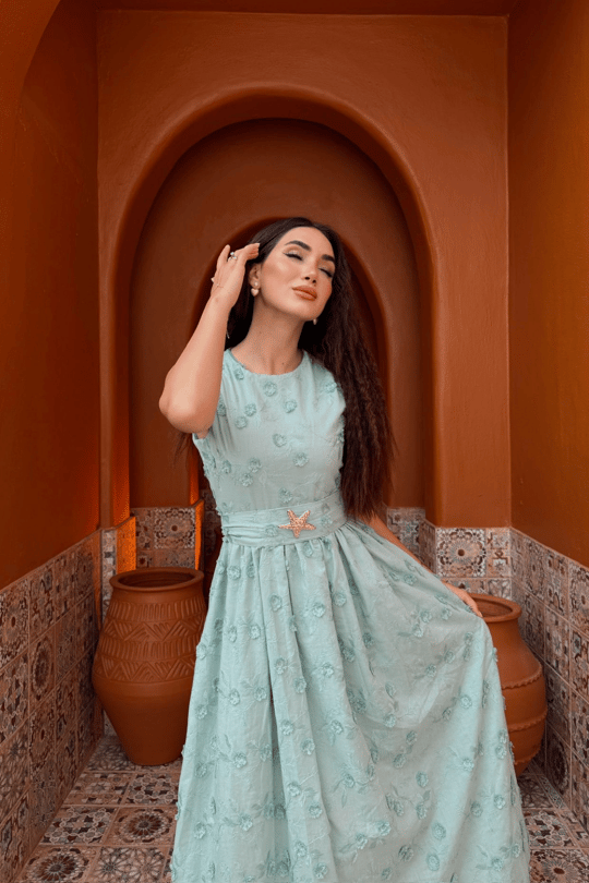 Deniz Poplin Kumaş Kolsuz Midi Elbise 8456