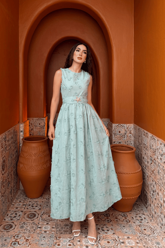 Deniz Poplin Kumaş Kolsuz Midi Elbise 8456
