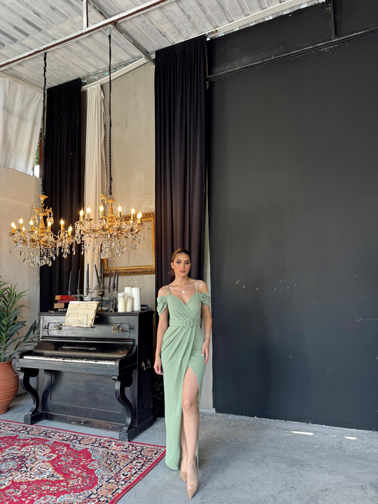 Destina Düşük Omuz İp Askı Yırtmaçlı Abiye MİNT YEŞİLİ B2X