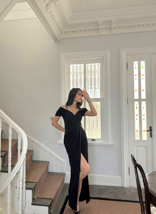 Destina Düşük Omuz İp Askı Yırtmaçlı Abiye SİYAH B2X