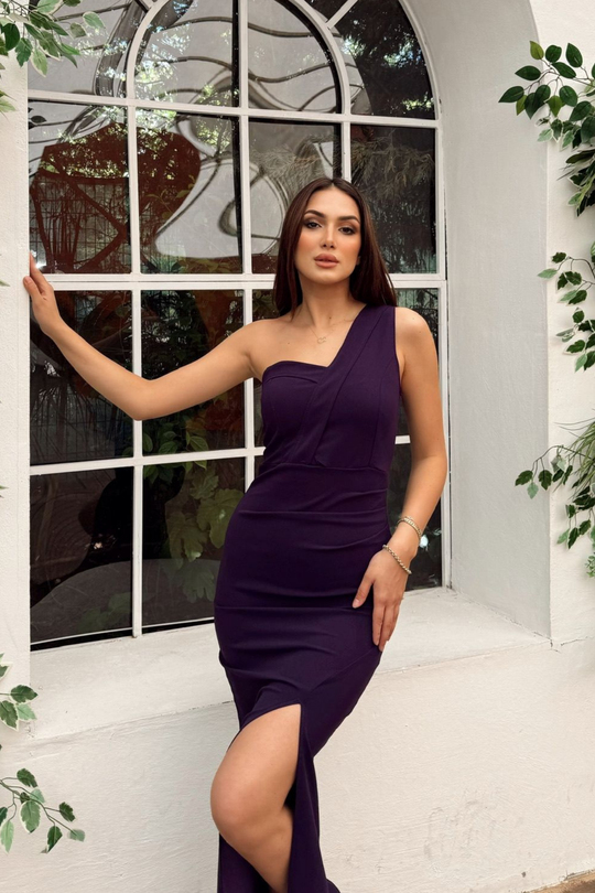 Devy Tek Omuz Yırtmaç Detay Maxi Elbise MOR