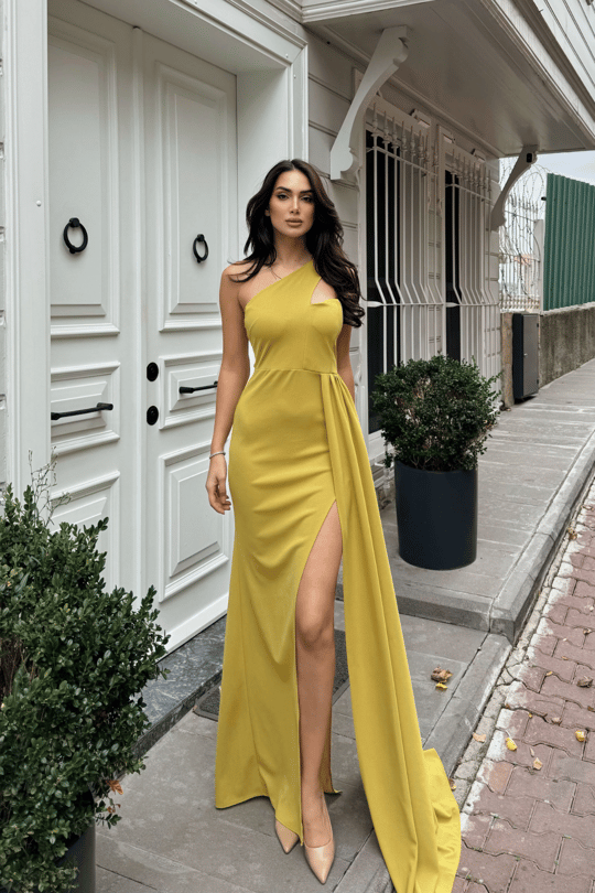 Diva Kuyruklu Yırtmaçlı Abiye 582475 YAĞ YEŞİLİ
