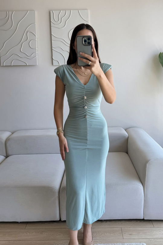 Dora V Yaka Düğmeli Büzgülü Elbise 13754 MİNT YEŞİLİ