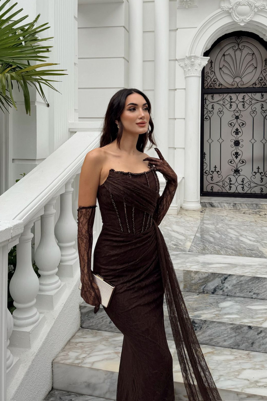 Ece Güpür Detay Straplez Kol Eldiven Detay Abiye 405
