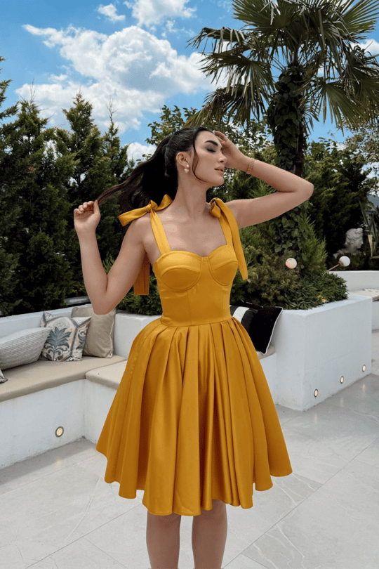 Elçin Balon Etek Askı Kurdele Mini  Elbise 1004