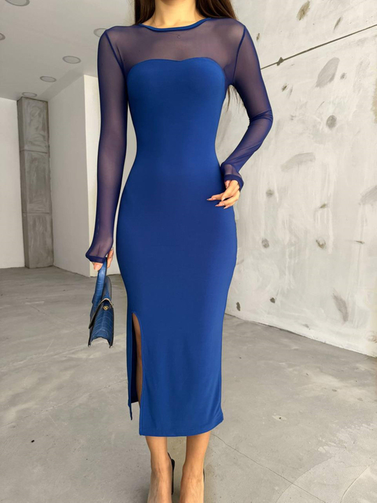 Elenor Tül Detaylı Elbise 12050 SAKS MAVİSİ