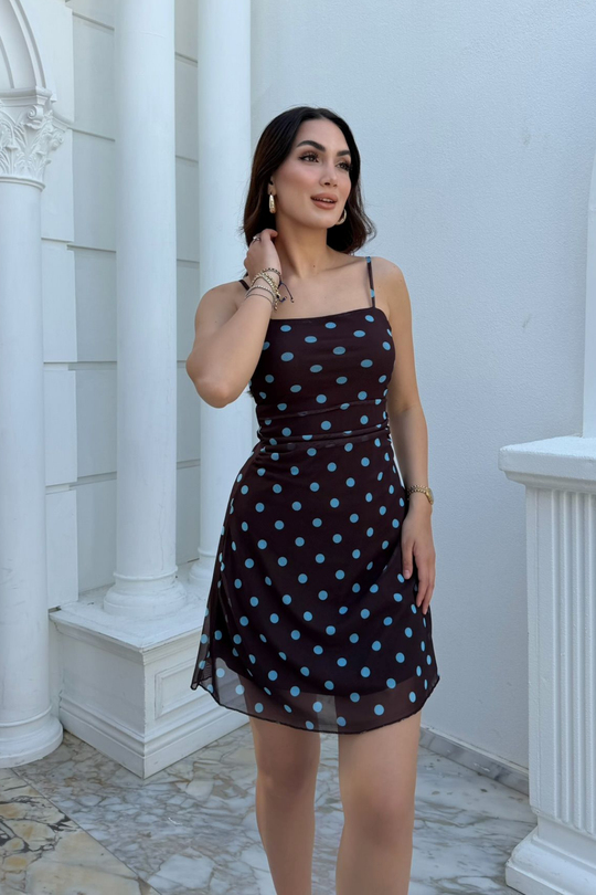 Feris Puantiye Detay İp Askılı Mini Elbise 3051