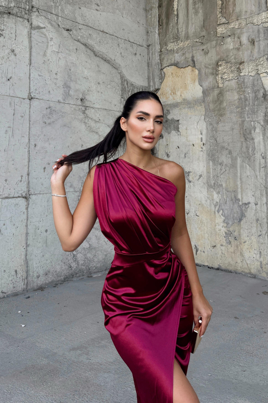 Fiona Tek Kol Drapeli Saten Abiye 582856 BORDO