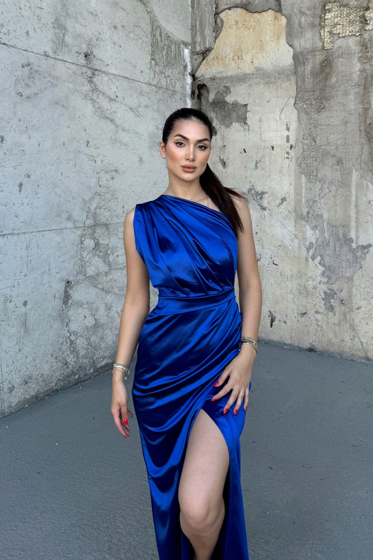 Fiona Tek Kol Drapeli Saten Abiye 582856 SAKS MAVİSİ