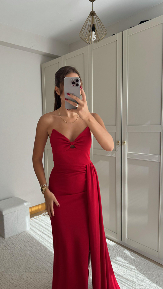 Fulya Straplez Yırtmaçlı Abiye 582467 KIRMIZI