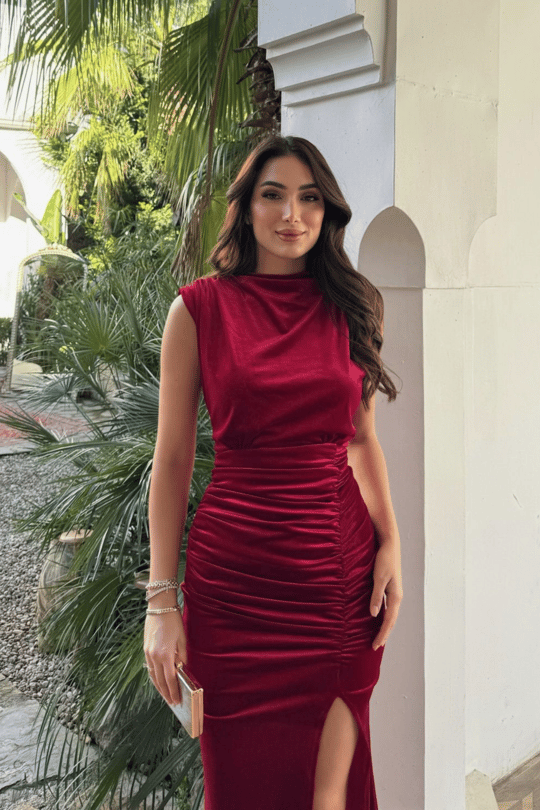 Gabriella Vatkalı Yırtmaçlı Kadife Abiye 9338 KIRMIZI