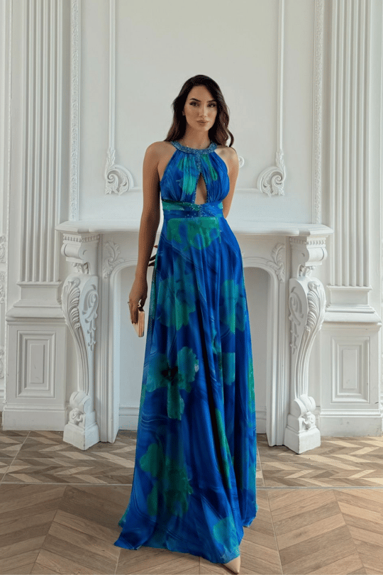 Halter Yaka Damla Detay Baskılı Abiye 1110