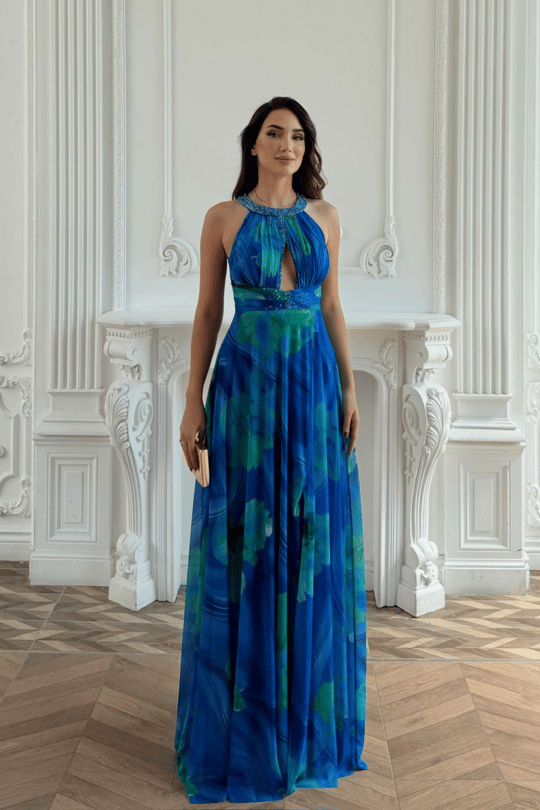 Halter Yaka Damla Detay Baskılı Abiye 1110