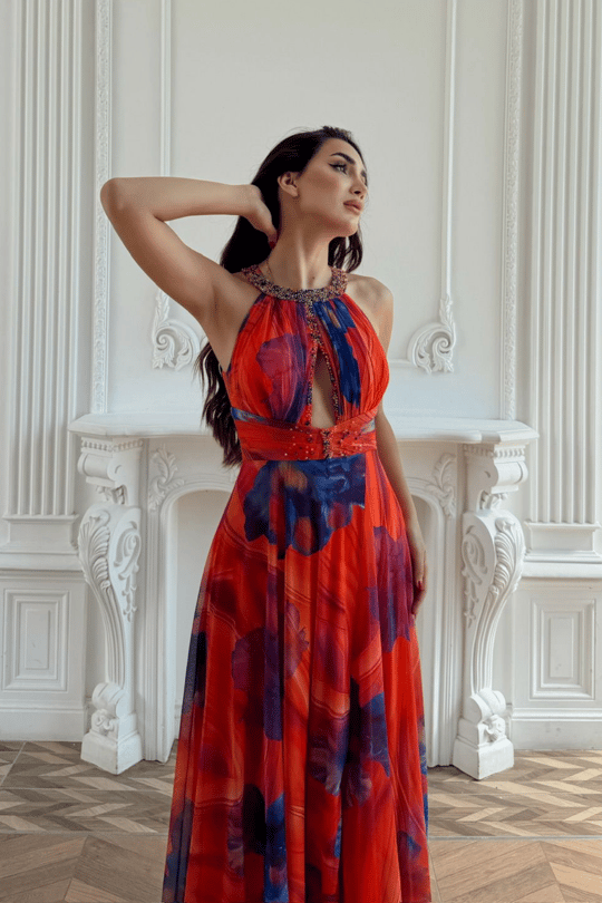 Halter Yaka Damla Detay Baskılı Abiye 1110