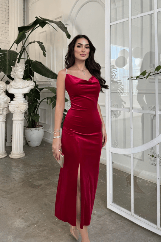 Haven Zincir Detaylı Midi Boy Elbise 9333 KIRMIZI