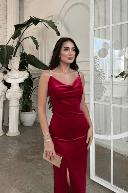 Haven Zincir Detaylı Midi Boy Elbise 9333 KIRMIZI