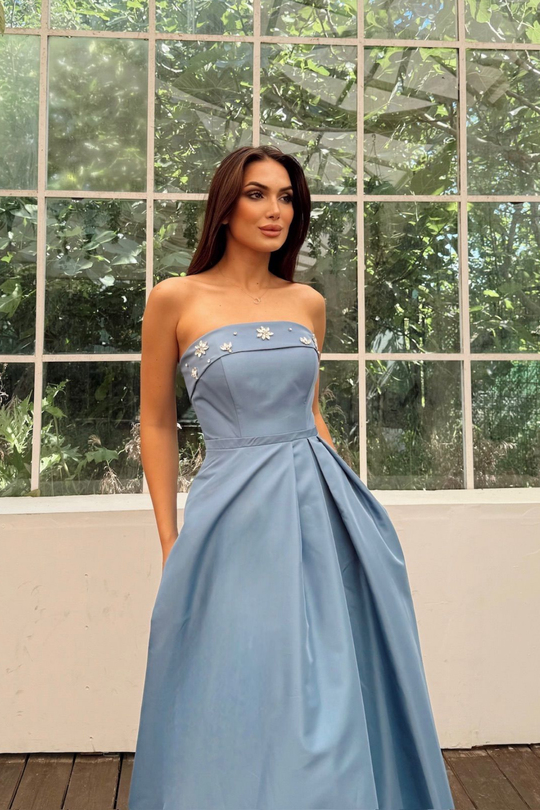 Hazel Straplez Işlemeli Saten Abiye 4747 İNDİGO