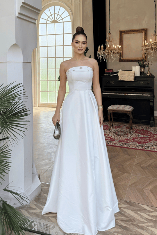 Hazel Straplez Işlemeli Saten Abiye 4747 BEYAZ
