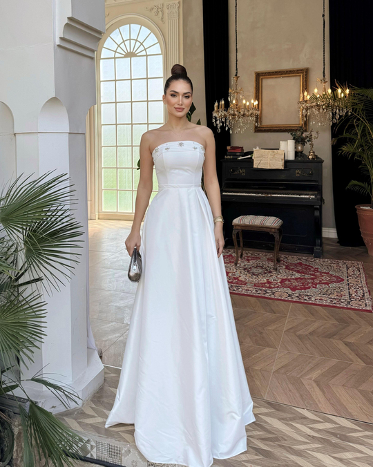 Hazel Straplez Işlemeli Saten Abiye 4747 BEYAZ