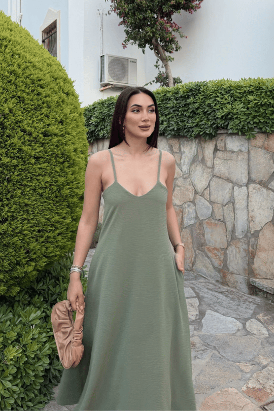 İlkim İp Askılı Aurobin Midi Elbise 7110