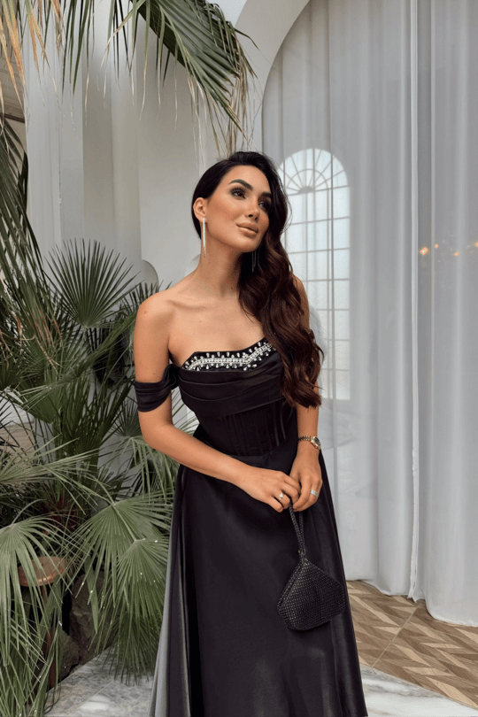İlsu Kayık Yaka Taş İşleme Saten Abiye 1208