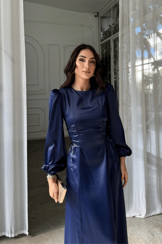 Irmak Yan Bağlama Detay Uzun Abiye 9360 LACİVERT