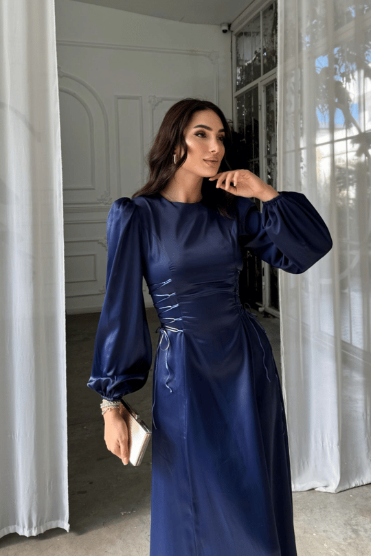 Irmak Yan Bağlama Detay Uzun Abiye 9360 LACİVERT