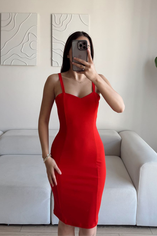 Kalın Askılı Kalem Elbise 581812 KIRMIZI E10X 
