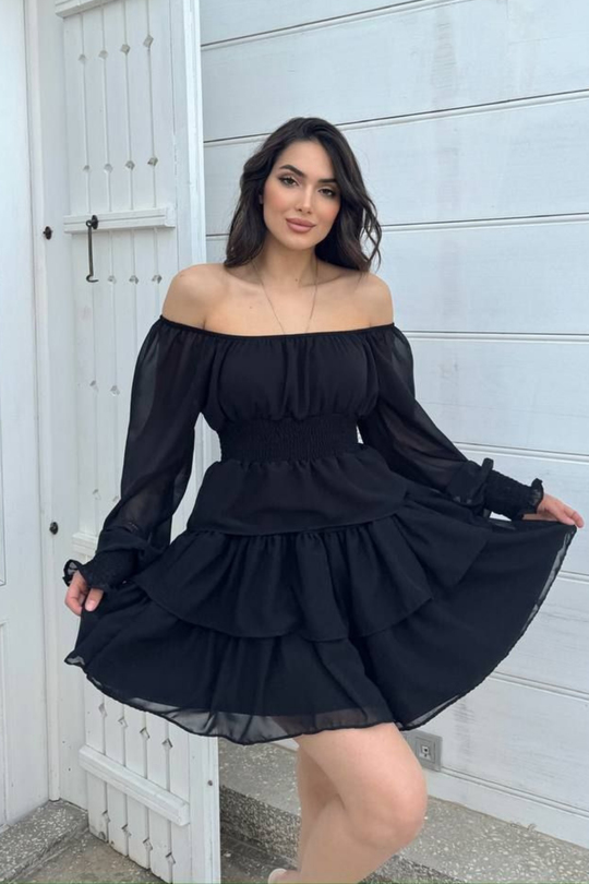 Kat Kat Volanlı Şifon Elbise 2831 SİYAH D1X