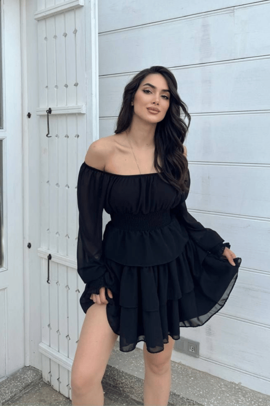 Kat Kat Volanlı Şifon Elbise 2831 SİYAH D1X