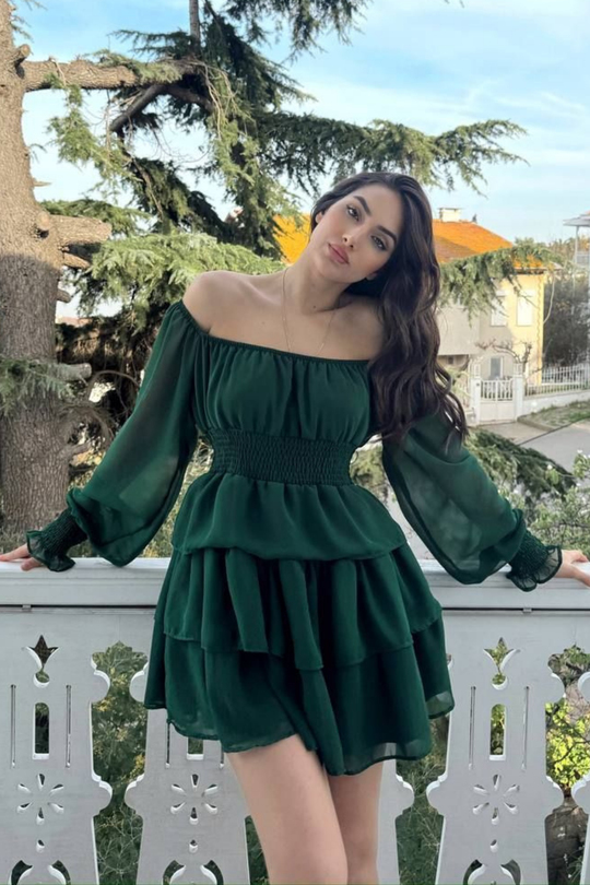Kat Kat Volanlı Şifon Elbise 2831 YEŞİL D1X