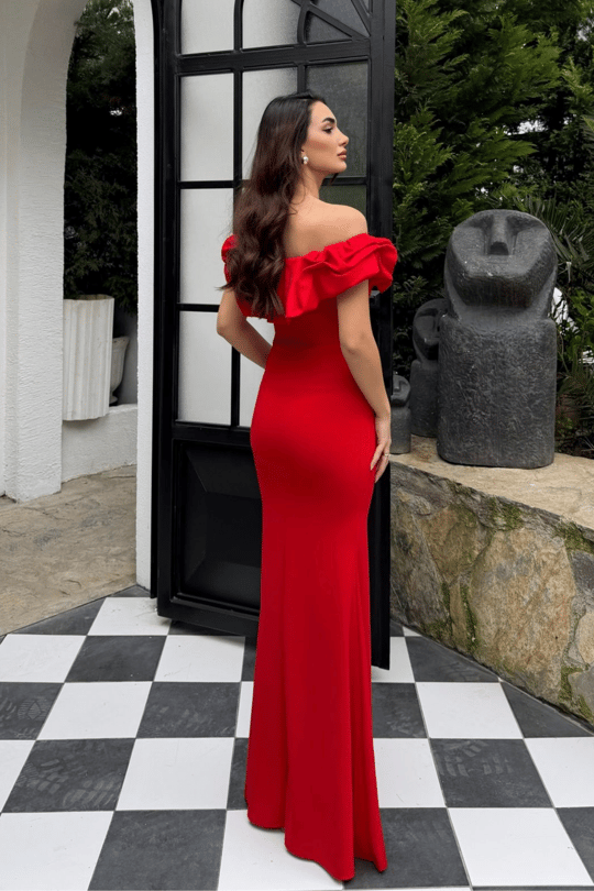 Katre Yaka Fırfırlı Yırtmaçlı Abiye 582834 KIRMIZI