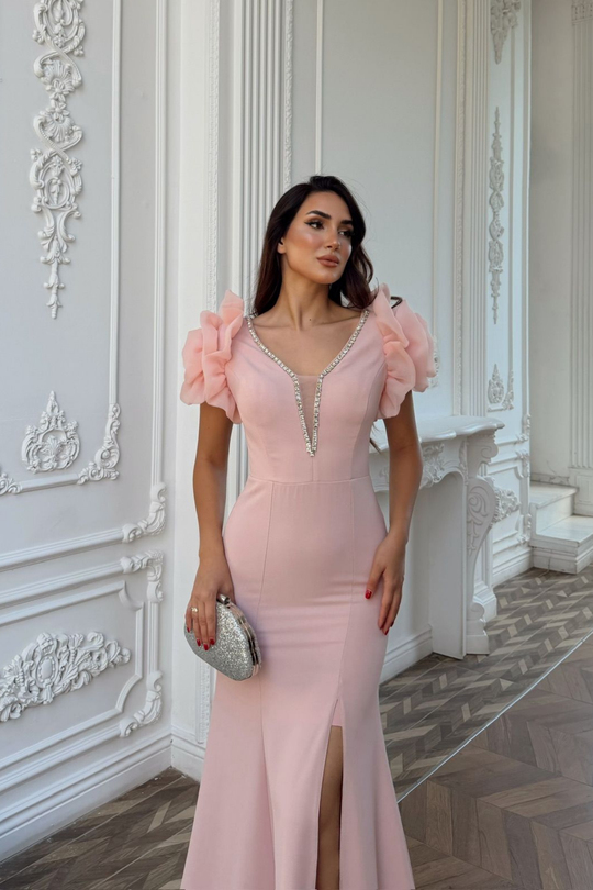 Kolları Tül Derin V Yaka Taş İşleme Abiye 0200