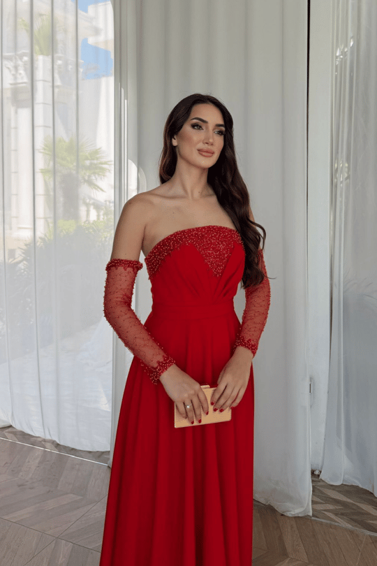 Kolları Tül Detay Straplez Taşlı Abiye 307