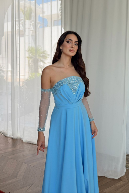 Kolları Tül Detay Straplez Taşlı Abiye 307