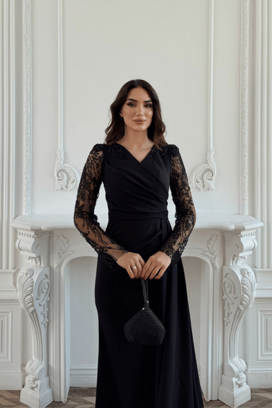 Kolları Tül İşleme Detay V Yaka Abiye 303