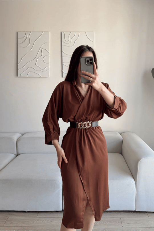 Kruvaze Anvelop Saten Elbise 2938 KAHVERENGİ