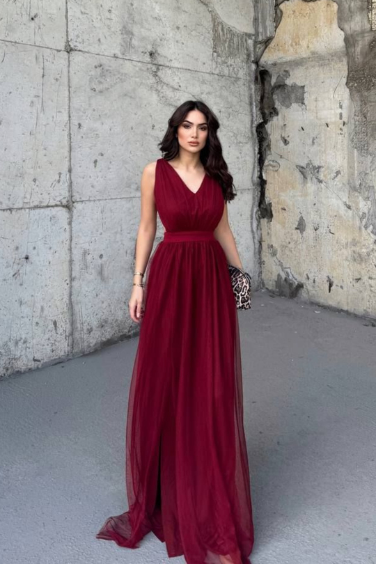Mara Bel Dekolteli Tül Abiye BORDO  8459