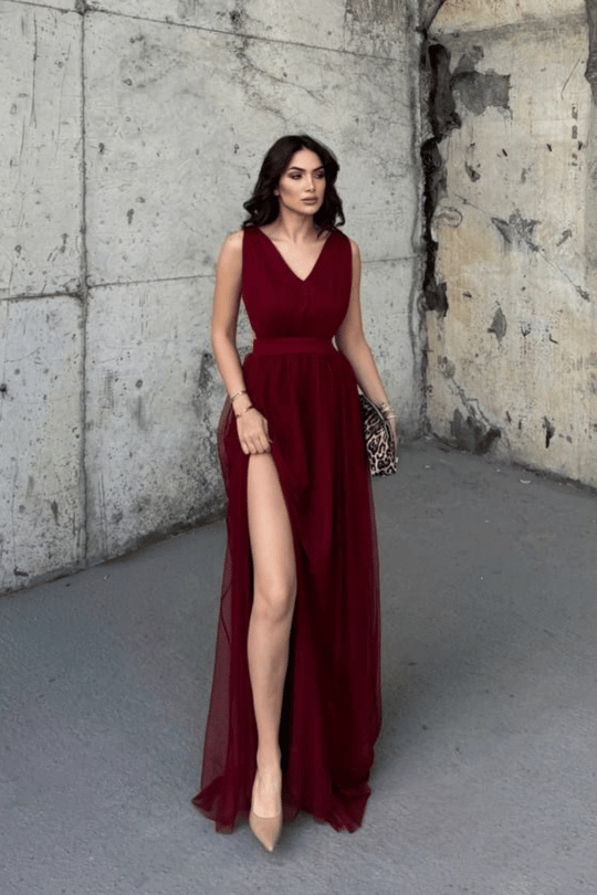 Mara Bel Dekolteli Tül Abiye BORDO  8459