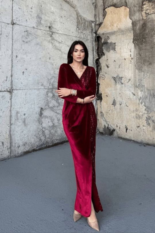 Nerie Payet İşleme Detay Kadife Abiye BORDO  45594