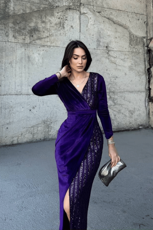 Nerie Payet İşleme Detay Kadife Abiye MOR 45594