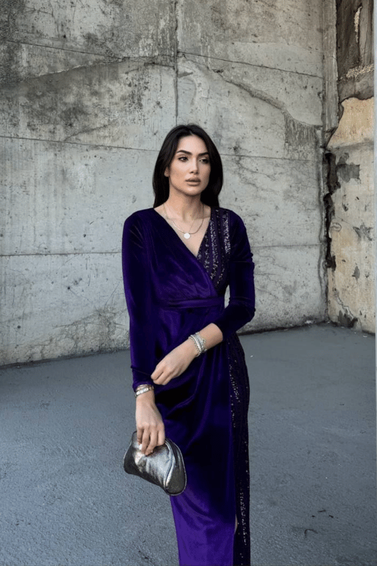 Nerie Payet İşleme Detay Kadife Abiye MOR 45594